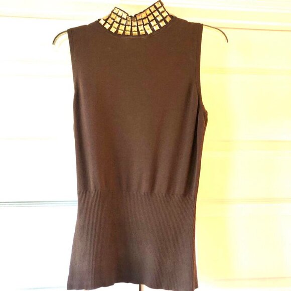 New CACHE Sleeveless Chocolate Knit Top with a Gold Jeweled Mock-neck M - Picture 3 of 6